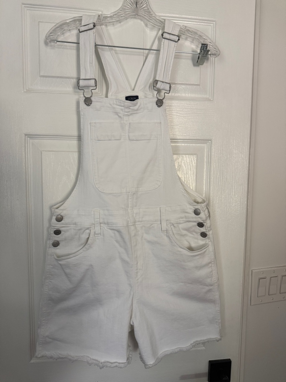 J Crew Factory White Denim Overalls with Metal Hardware and raw hem